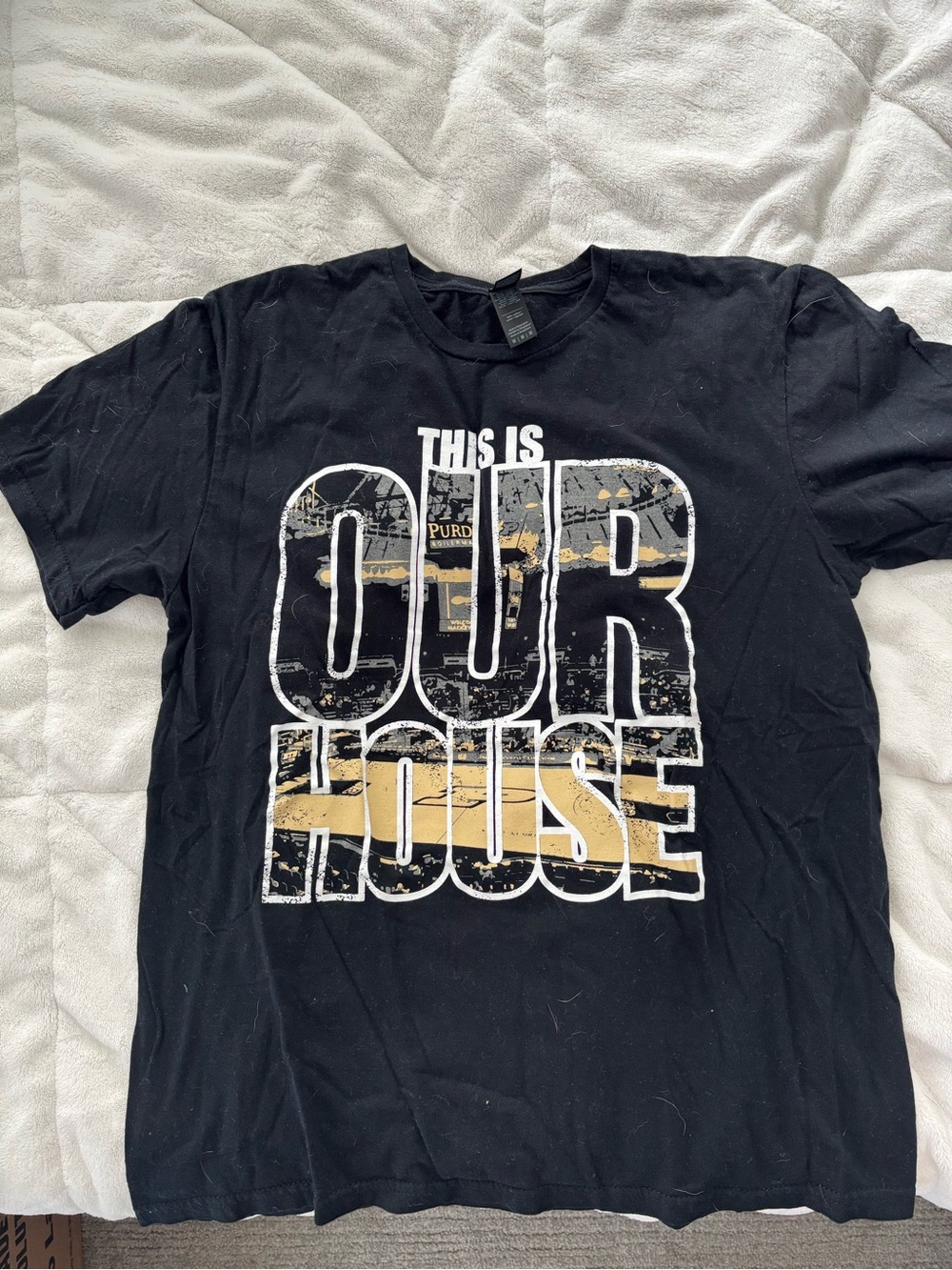 Gildan Black Graphic Tee with Gold and White "This Is Our House" Print